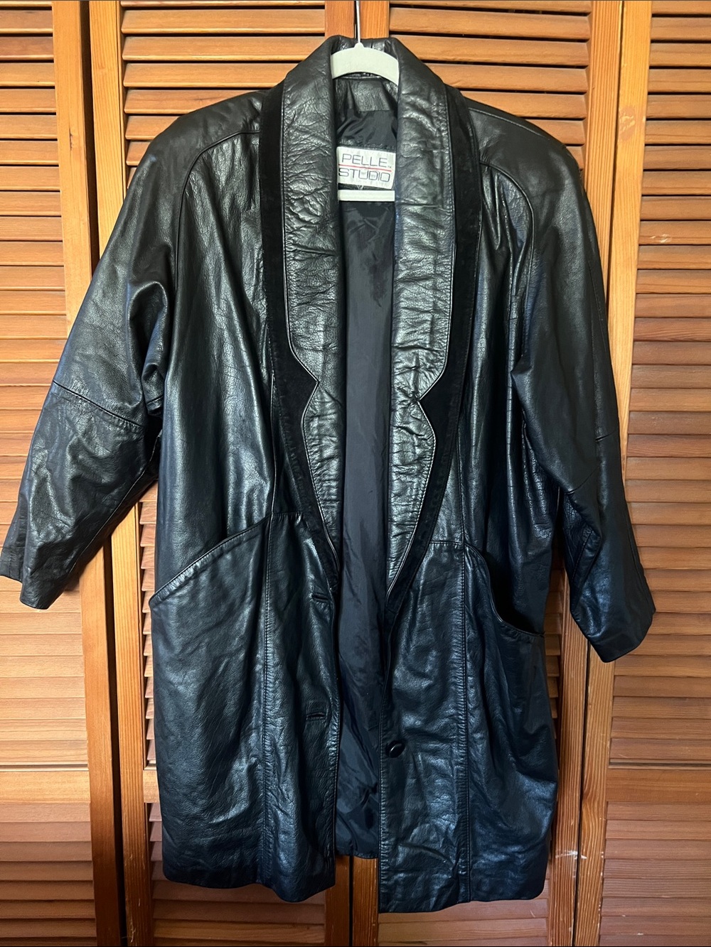 Pelle Studio Black Leather Shawl-Collar Pea Coat